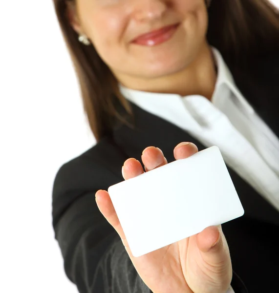 Mulher de negócios detém um cartão de visita — Fotografia de Stock