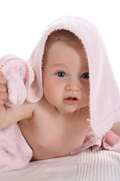 Happy child with towel on head — Stock Photo, Image