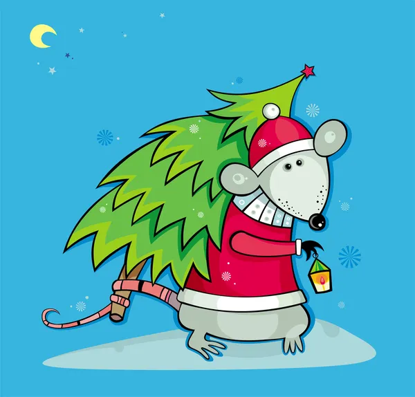 Santa rat met kerstboom — Stockfoto