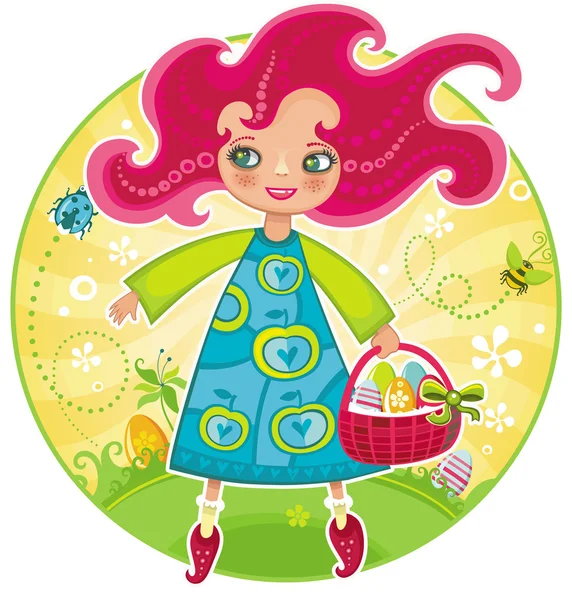 Linda chica con cesta llena de huevo de Pascua — Foto de Stock