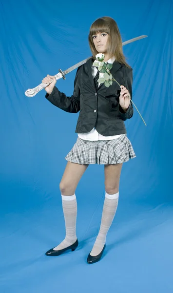 Danger school girl with the Japanese swo — Stock Photo, Image