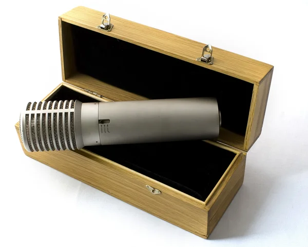 Studio microphone in a wooden case — Stock Photo, Image