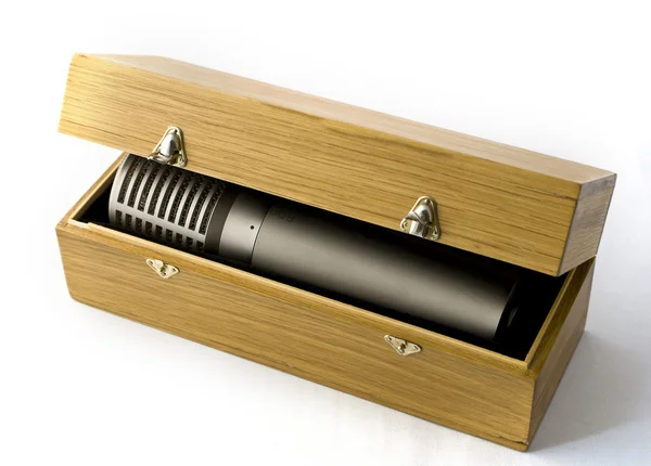 Studio microphone in a wooden case — Stock Photo, Image