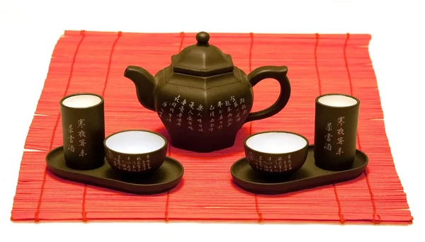 Chinese tea set on red mat — Stock Photo, Image