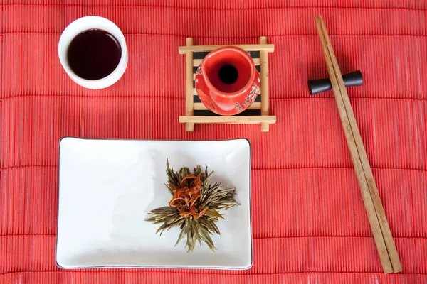 Japanese meals on red mat — Stock Photo, Image