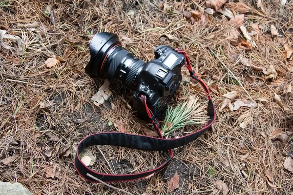 Φωτογραφική μηχανή DSLR στο δάσος — Φωτογραφία Αρχείου