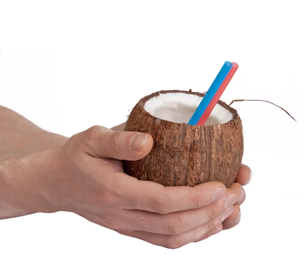 Coco medio abierto en manos masculinas —  Fotos de Stock