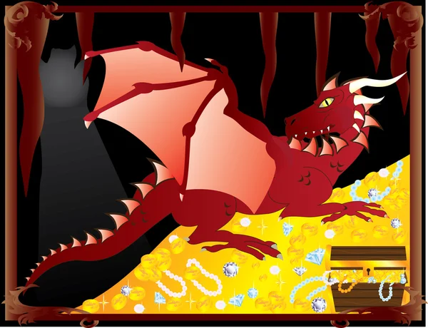 Red dragon in cave guarding treasures — Stock Vector