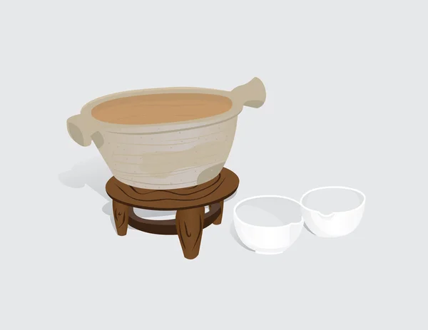 Чаши из глины на деревянной опоре — стоковый вектор