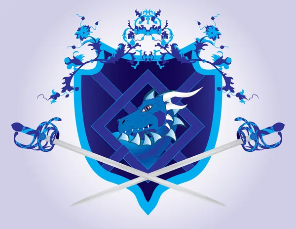Escudo de fantasia com um dragão e espadas — Vetor de Stock
