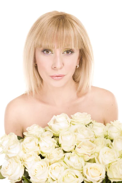 Beautiful woman with flowers on white — Stock Photo, Image