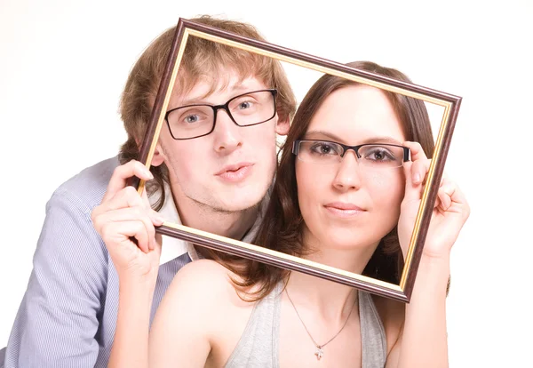 Glückliches Paar in Brille im Rahmen — Stockfoto