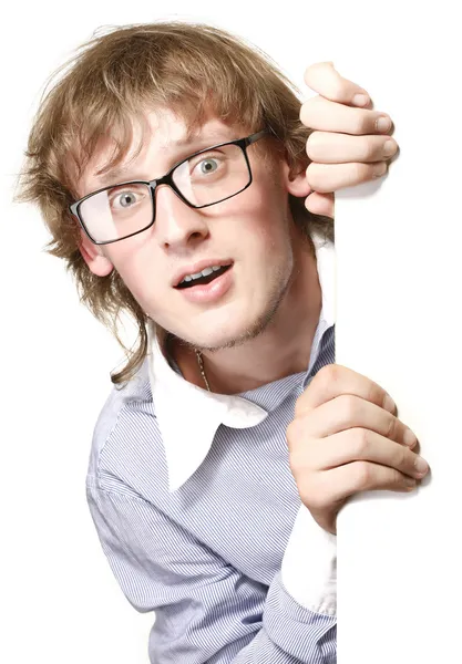 Młody człowiek w okularach z plakatu — Zdjęcie stockowe