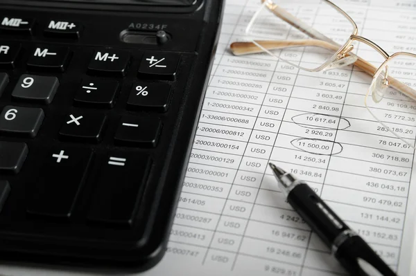 stock image Calculator, pen and glasses