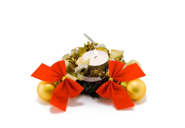Christmas candle with balls on white — Stock Photo, Image