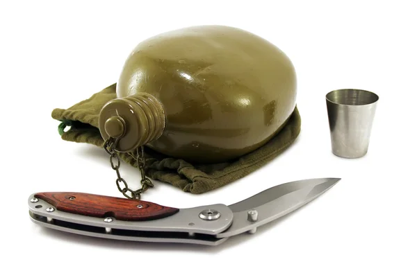 Military metal flask and knife on white Royalty Free Stock Photos