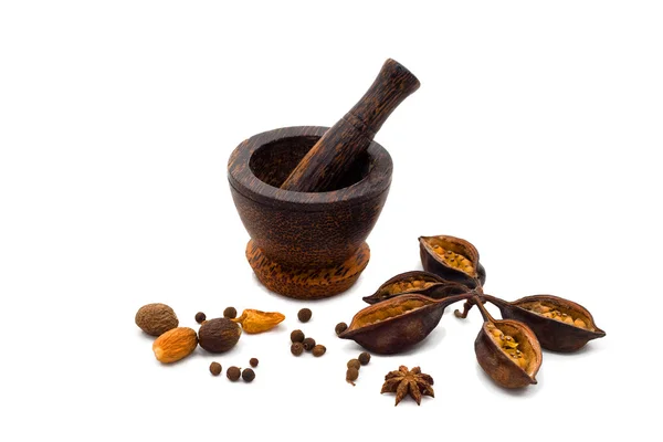 stock image Spicy papper, nutmeg, cloves with mortar