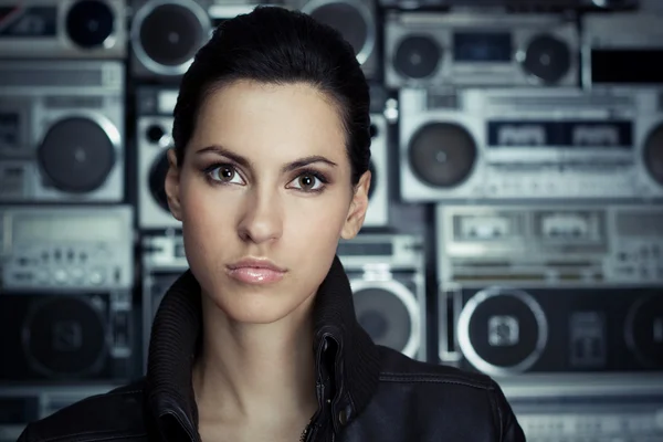 Beautiful woman with Boom Box background — 스톡 사진