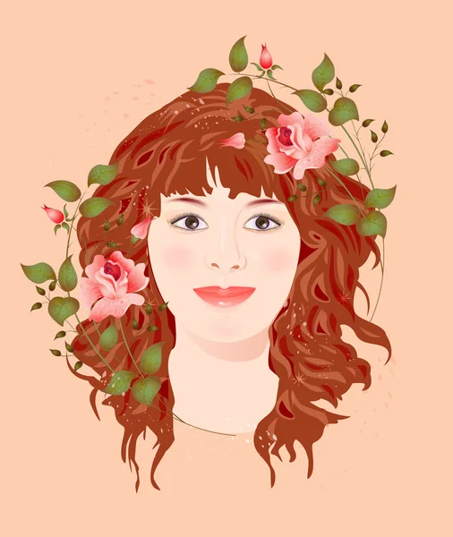 Gember meisje met rozen — Stockvector