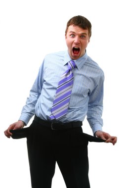 Young businessman showing empty pockets, no cash clipart