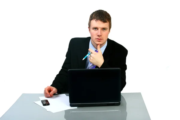 Jeune homme d'affaires, secrétaire ou étudiant avec ordinateur portable — Photo