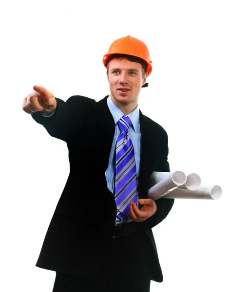 Stavební dělník s přilbou a plány — Stock fotografie