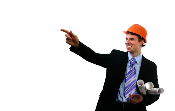 Будівельник з шоломом і кресленнями — стокове фото