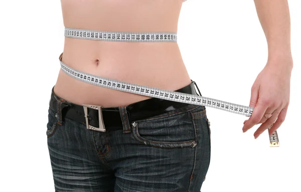 Fita métrica em volta de uma cintura, mulher . — Fotografia de Stock