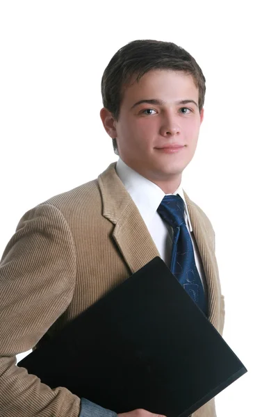 Sonriente joven empresario aislado sobre un fondo blanco — Foto de Stock
