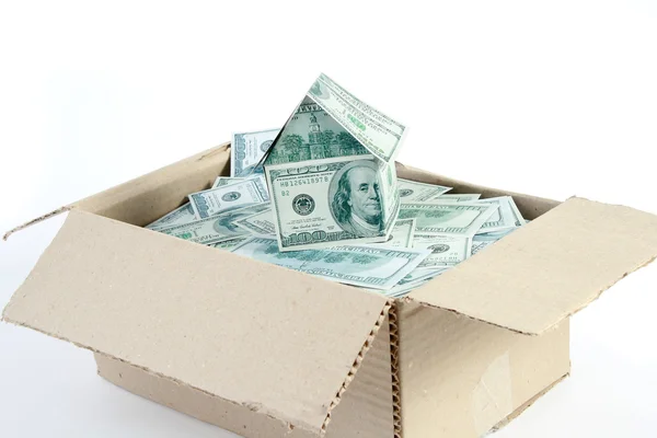 Box und fallendes Geld isoliert auf weißem Hintergrund — Stockfoto