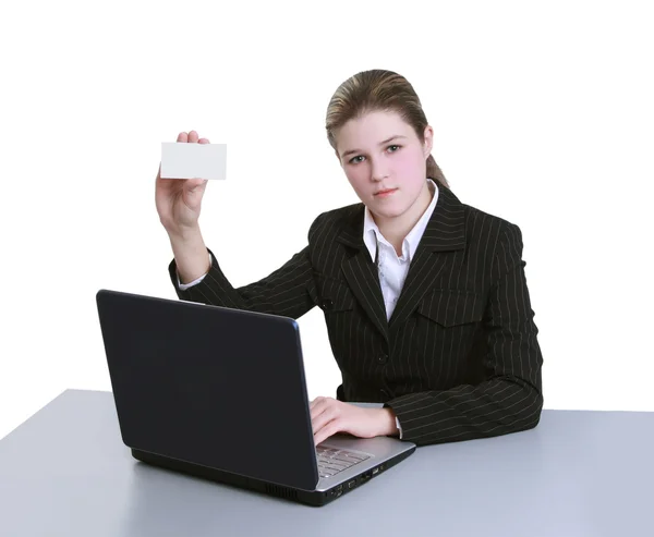 Succès jeune femme d'affaires avec ordinateur portable — Photo