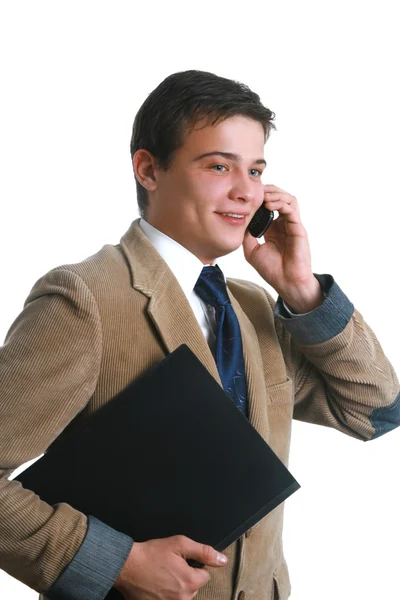 彼の携帯電話で笑いながら幸せなビジネスの男性 — ストック写真