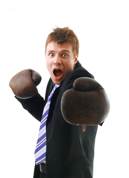 Geschäftsmann in Boxhandschuhen isoliert auf weißem Grund — Stockfoto