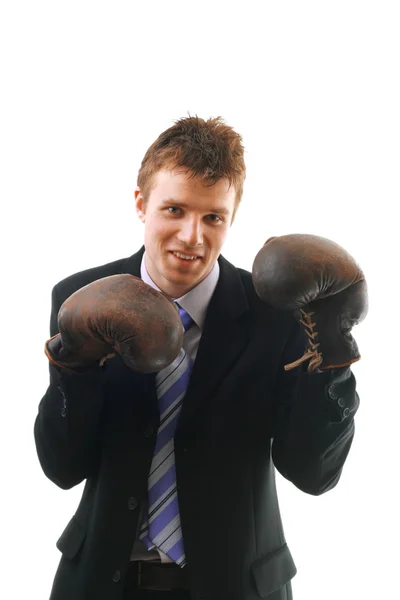 Geschäftsmann in Boxhandschuhen isoliert auf weißem Grund — Stockfoto