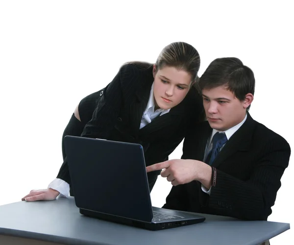 Negocios trabajando con laptop. Sobre fondo blanco Fotos de stock libres de derechos