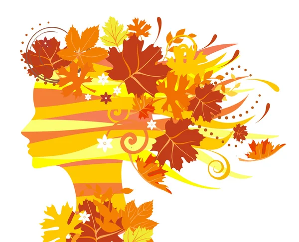 Mujer con hojas de otoño — Vector de stock