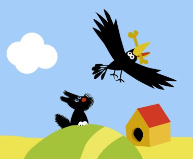 Small dog and crow clipart