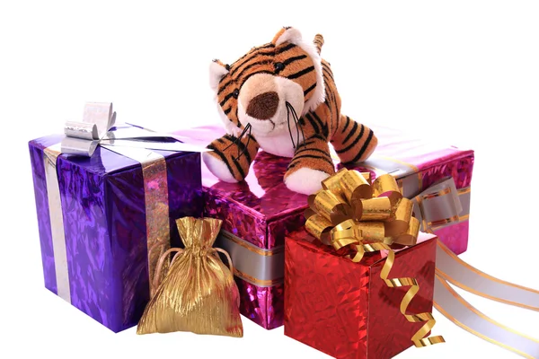 New-year tiger cub with gifts. — Stock Photo, Image