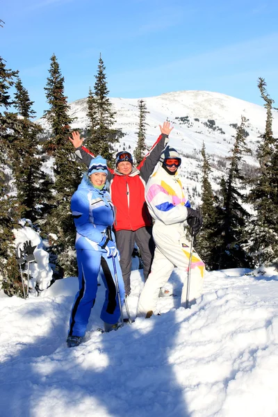 Esquiadores de montanha no topo da montanha . — Fotografia de Stock