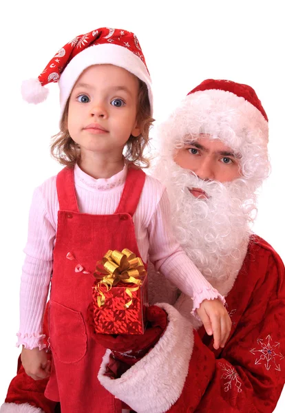 Santa Claus and dwarf with a gift. — Stock Photo, Image