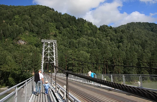 Suspended bridge through Katun. — Stock Photo, Image