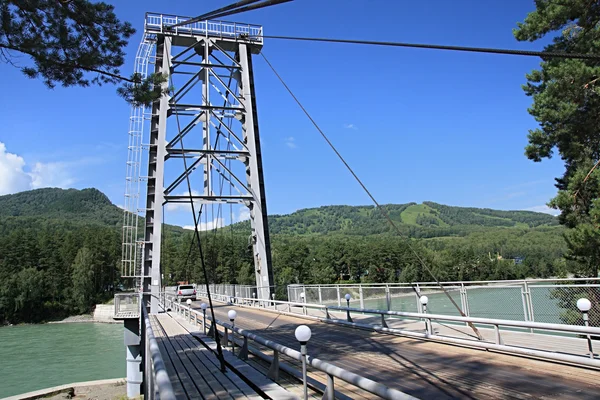 Suspended bridge through Katun. — Stock Photo, Image