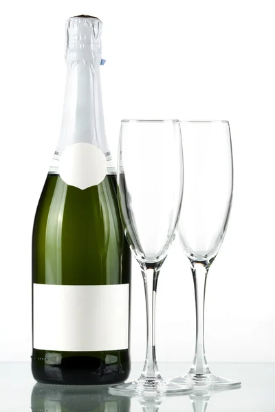 Flaska champagne med Tom etikett och — Stockfoto