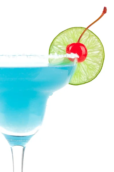 Blue cocktail with cherry and lime slice — Stock Photo, Image