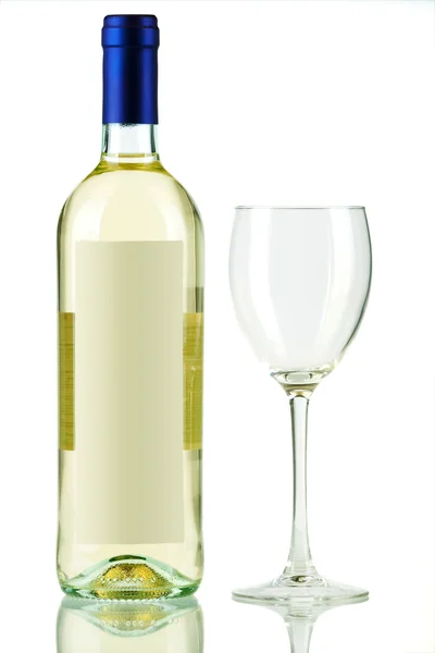 Bottle of white wine and empty wine glas — Stock Photo, Image