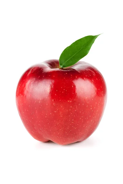 Una manzana roja madura con hoja — Foto de Stock