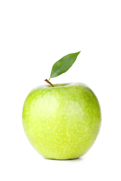 Una manzana verde madura con hoja — Foto de Stock