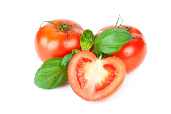 Tre tomater med basilika blad — Stockfoto