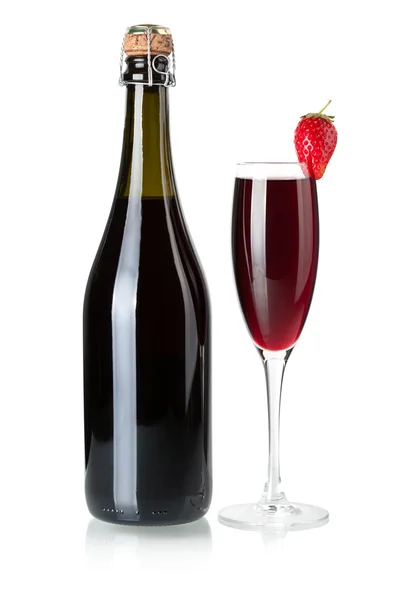 Strawberry champagne bottle and glass — Stock Photo, Image