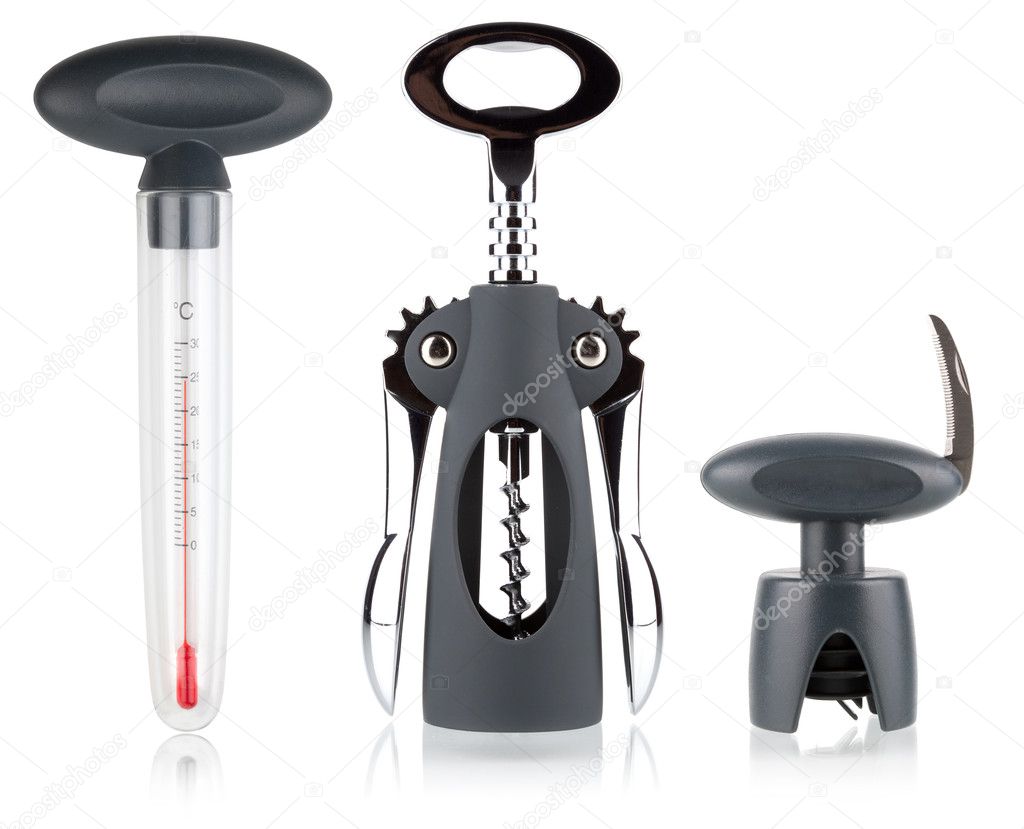 Corkscrew, wine thermometer and cork